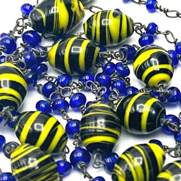 Antique Black, Yellow & BlueHandcrafted Czech Glass Flapper Necklace — EUC